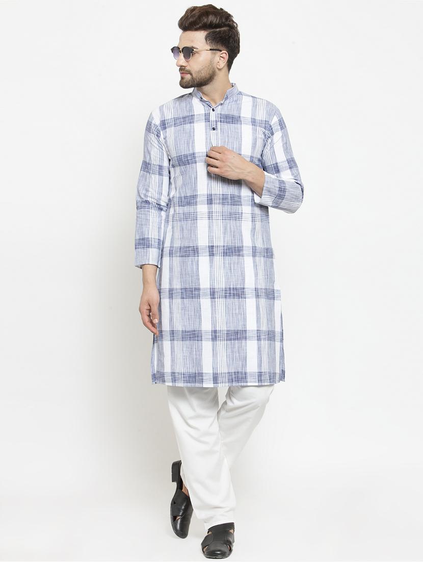 light blue checkered long kurta - 16227380 - Standard Image - 3