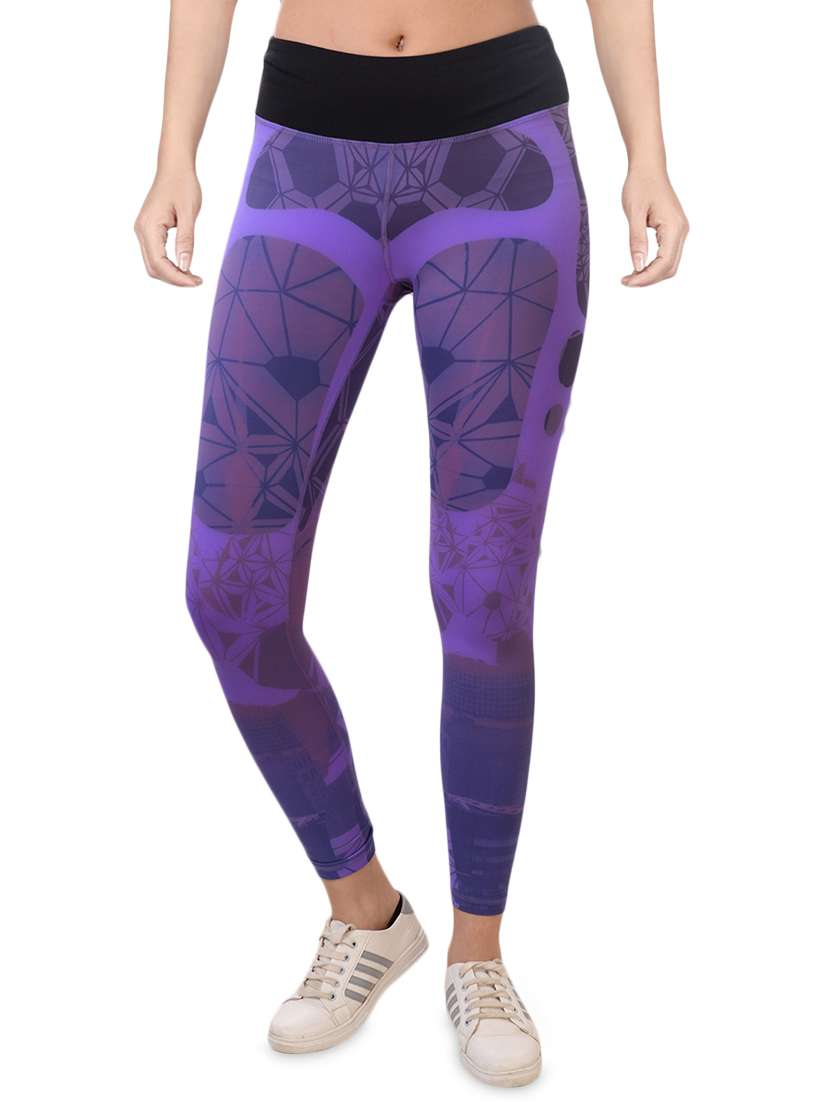 purple printed ankle length active wear tights