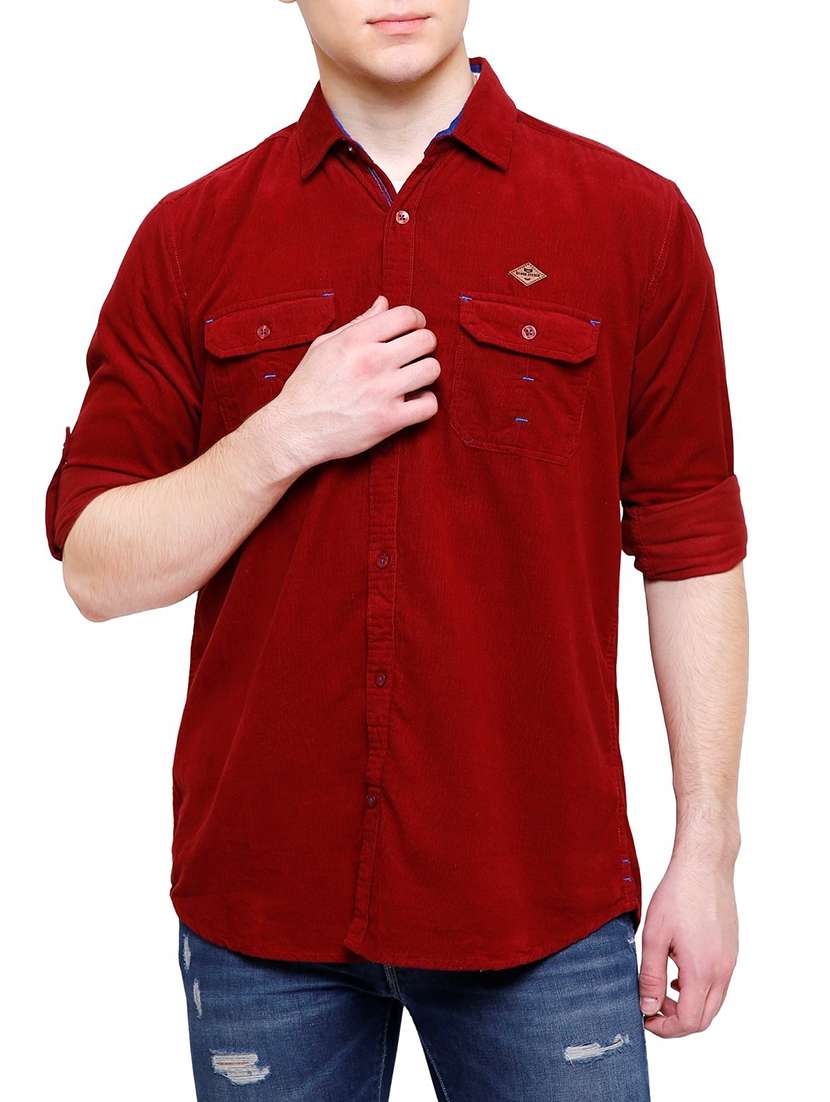Buy online Red Corduroy Solid Casual Shirt from shirts for Men by