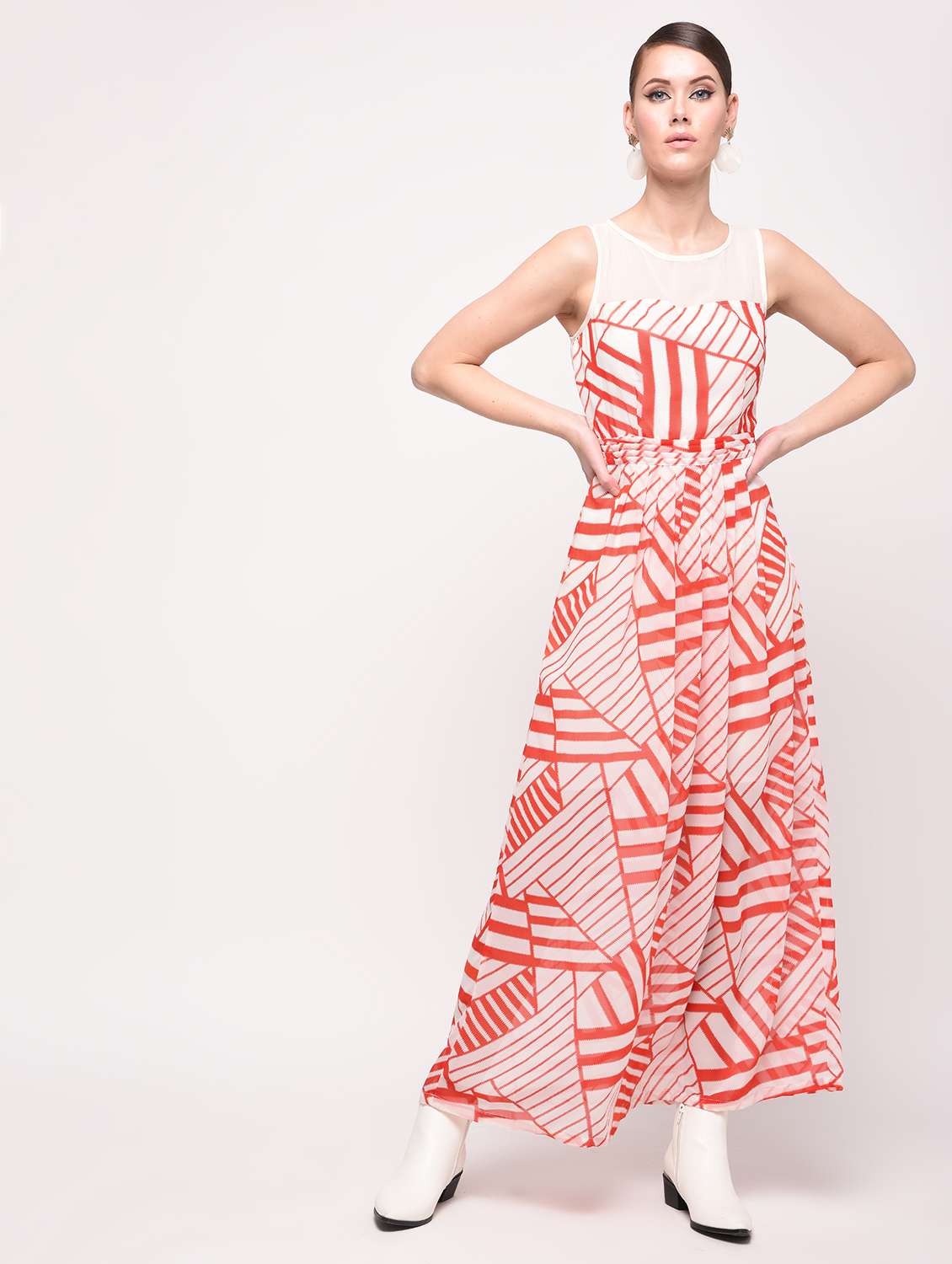 mesh panel abstract maxi dress