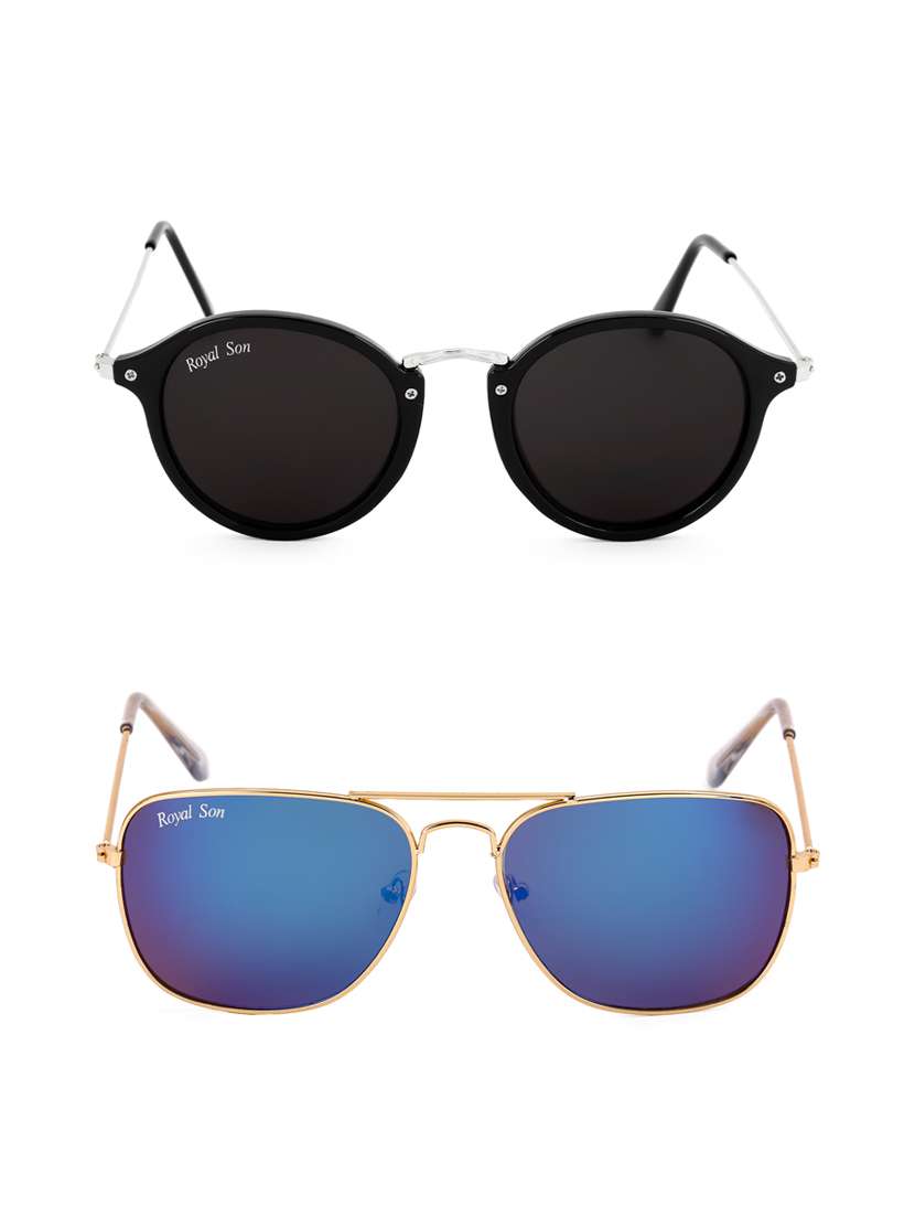 royal son blue mirrored square aviator and black round women sunglasses  combo - Main Image