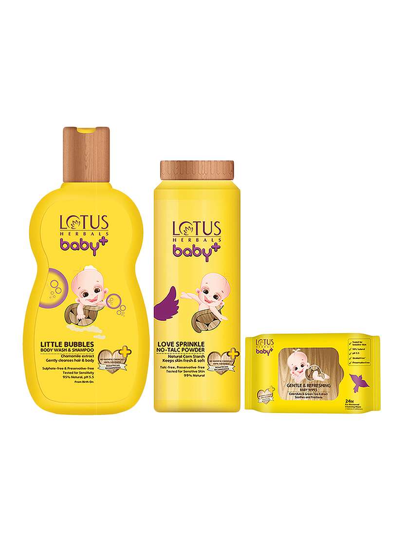 lotus herbals baby combo pack of (shampoo-200ml+ powder-100gm+wipes-24 n)