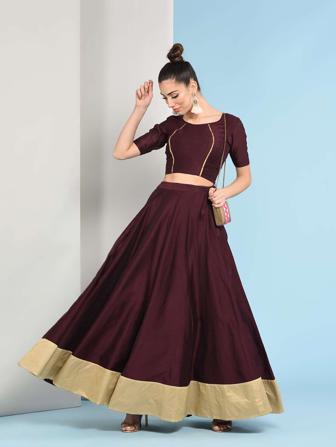 maroon solid flared lehenga