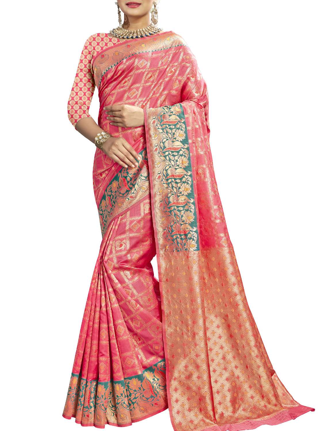 checkered zari motif banarasi saree with blouse