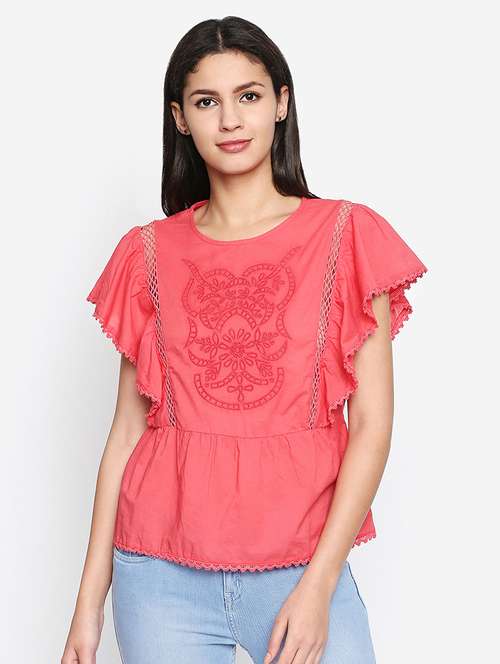 flutter sleeved embroidered top - 16274844 - Standard Image - 0