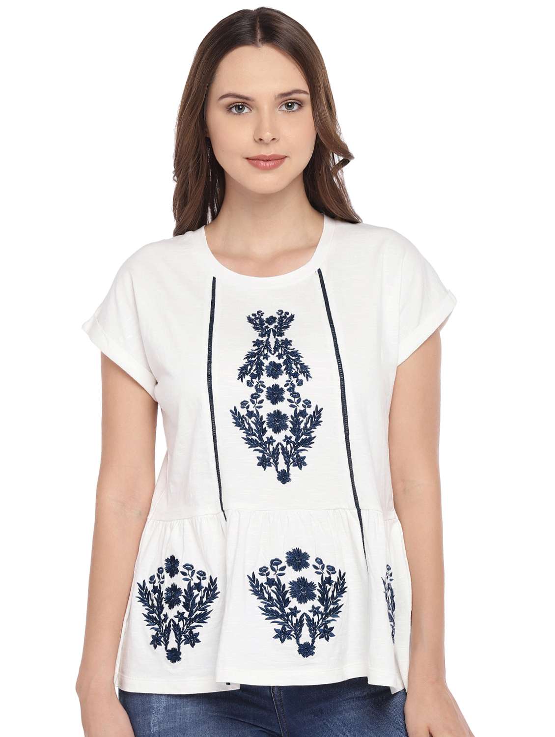 turn up sleeved embroidered top - 16279630 - Zoom Image - 0