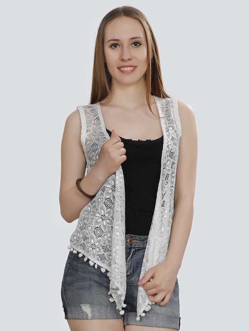 Buy online Pom Pom Hem Laced Asymmetric Shrug from Capes Shrugs