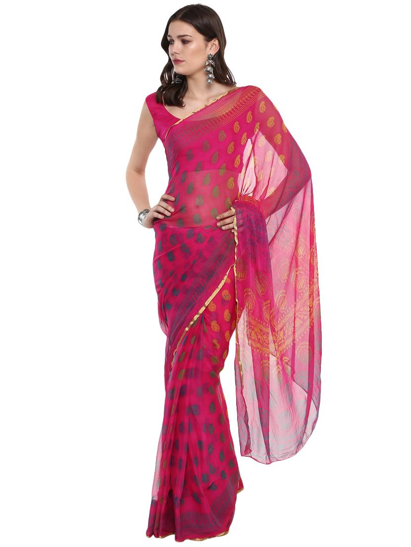 paisley block printed saree with blouse - 16282453 - Zoom Image - 0