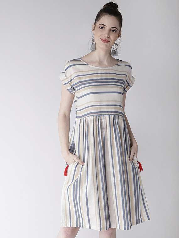 tassel detail stripped a-line dress