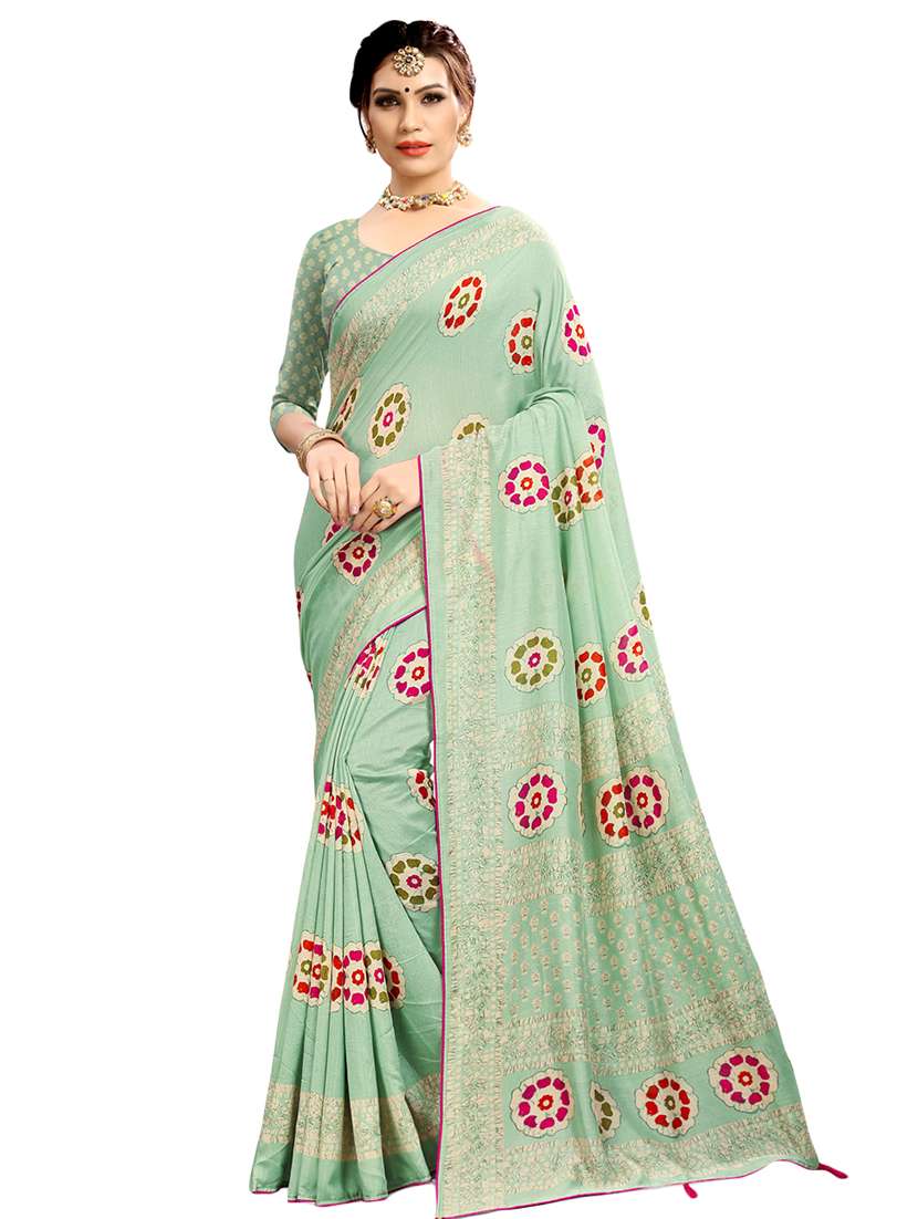 green cotton silk printed saree with blouse
