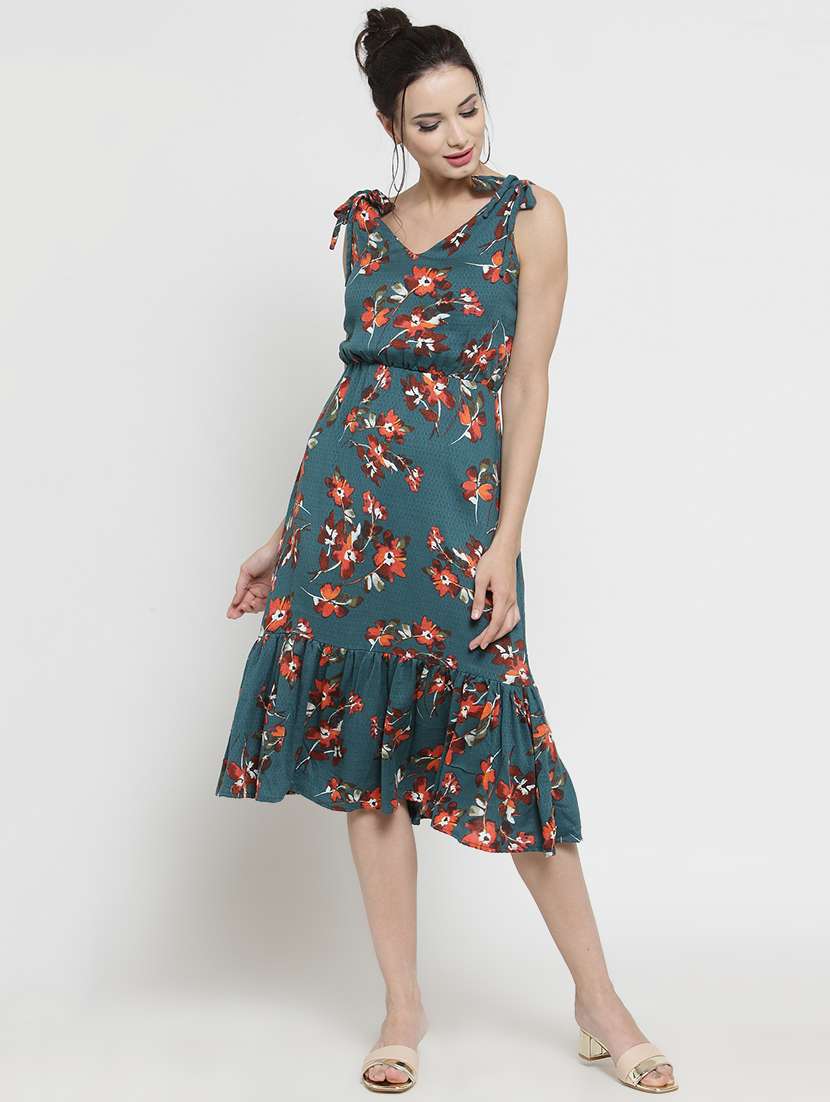 tie knot sleeved floral a line dress 