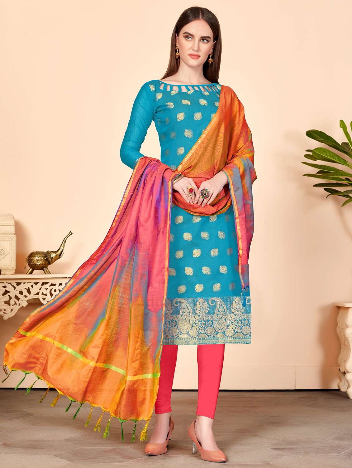 zari motifs unstitched churidaar suit - 16294259 - Zoom Image - 0