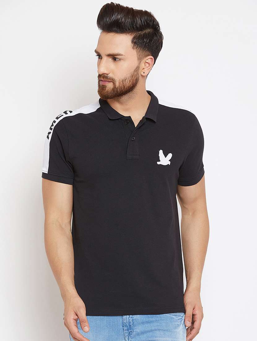 black solid taped polo tshirt - 16298333 - Zoom Image - 0
