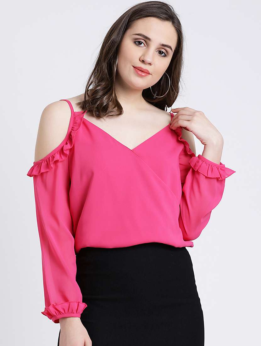 ruffle trim cold shoulder top