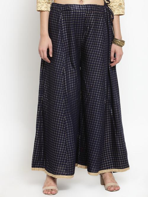 navy blue foil print flared palazzo - 16304973 -  Standard Image - 0