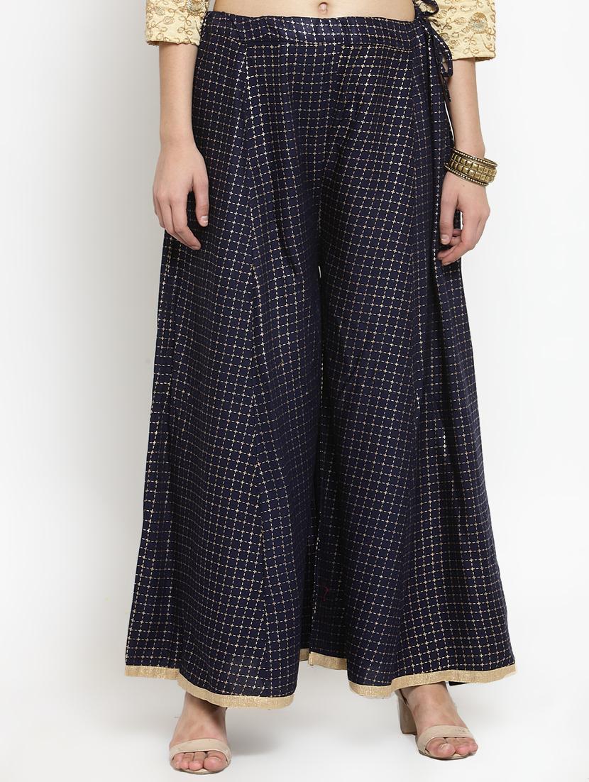 navy blue foil print flared palazzo - 16304973 -  Zoom Image - 0