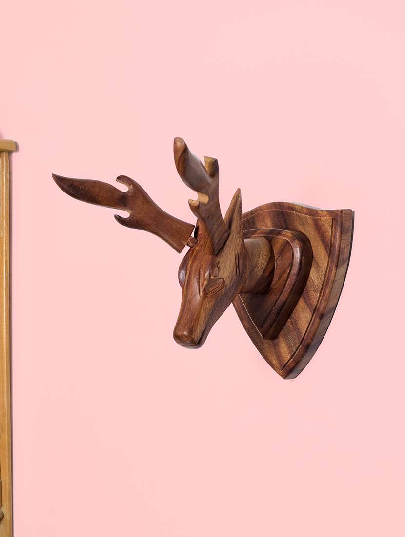 golden peacock deer head wooden handicrafts showpiece wall hanging