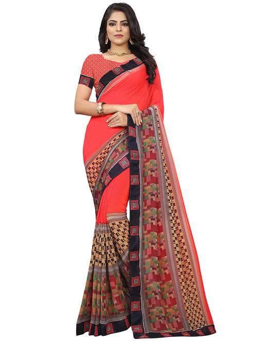 checkered printed saree with blouse - 16313472 - Standard Image - 0