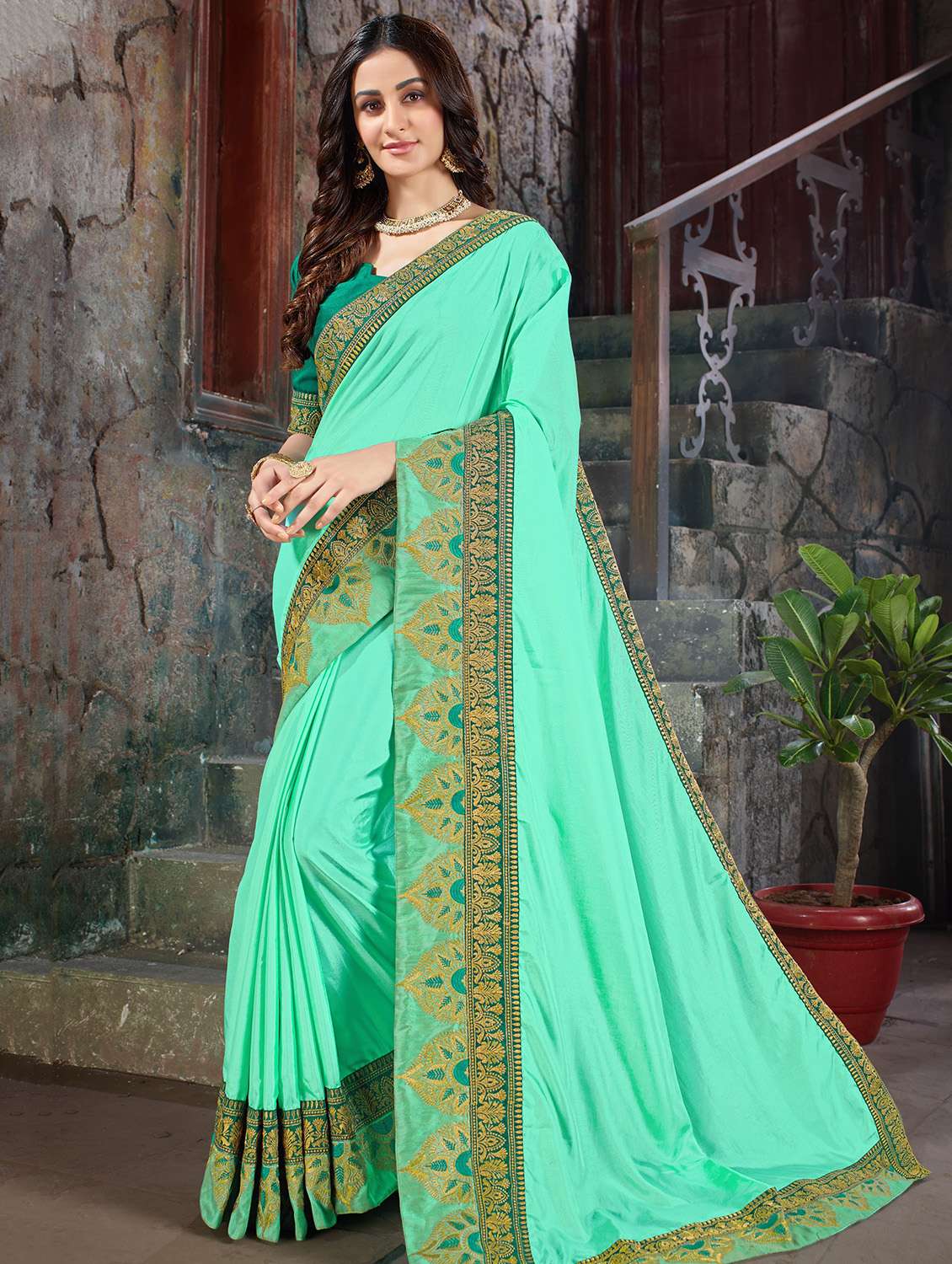 embroidered bordered saree with blouse