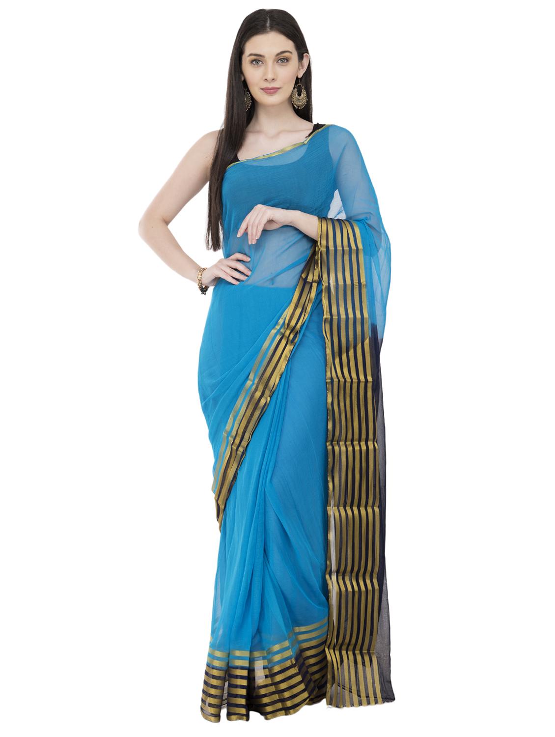 contrast striped border saree with blouse - 16319513 -  Zoom Image - 0