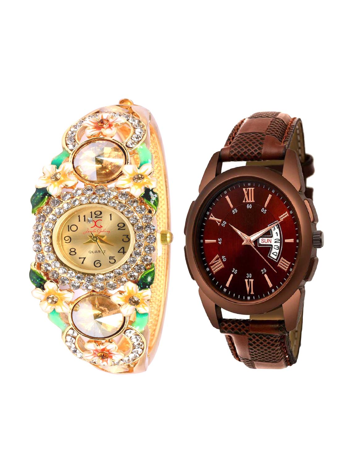 floral design & brown leather analog watch combo for men & women