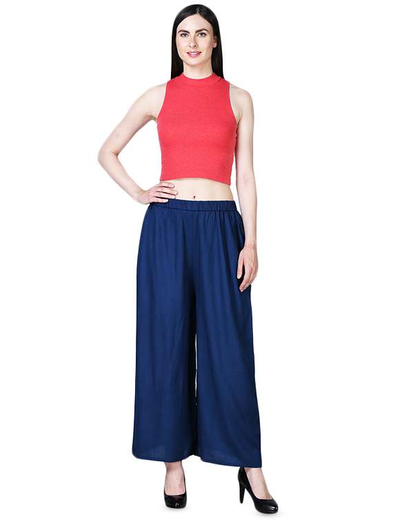 navy rayon flared palazzo - 16322475 -  Standard Image - 3