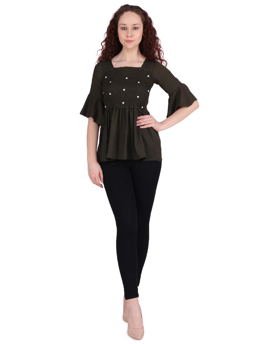 pearl embellished smocked a-line top - 16322753 - Standard Image - 3