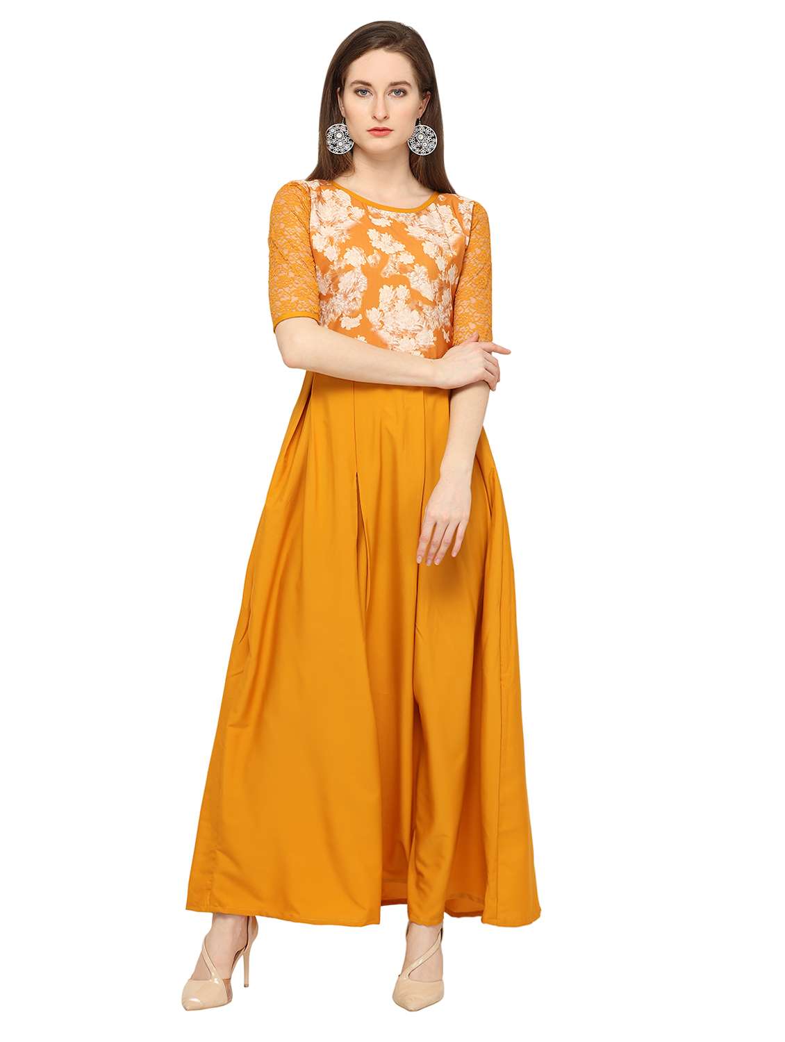 lace sleeved floral a-line dress