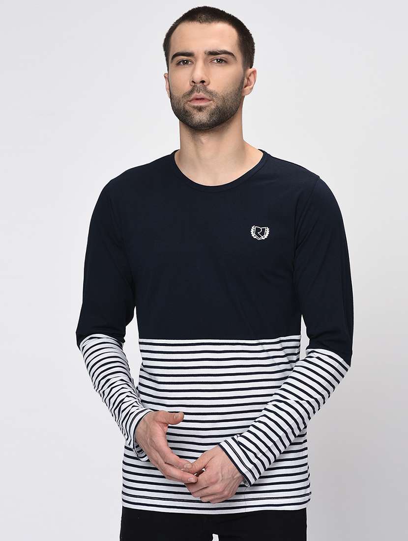 navy blue cut & sew striped  t-shirt