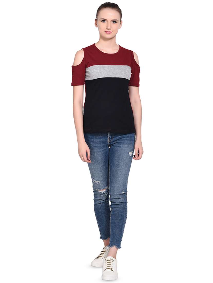 color block cold shoulder top - 16331301 - Standard Image - 3