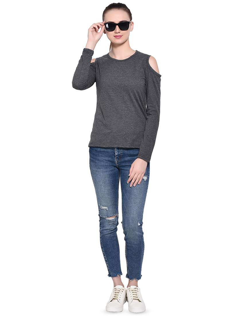 cold shoulder solid top - 16331396 -  Standard Image - 3