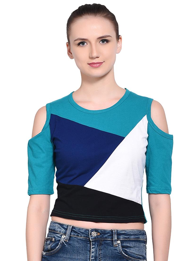 color block cold shoulder top - 16331419 - Zoom Image - 0