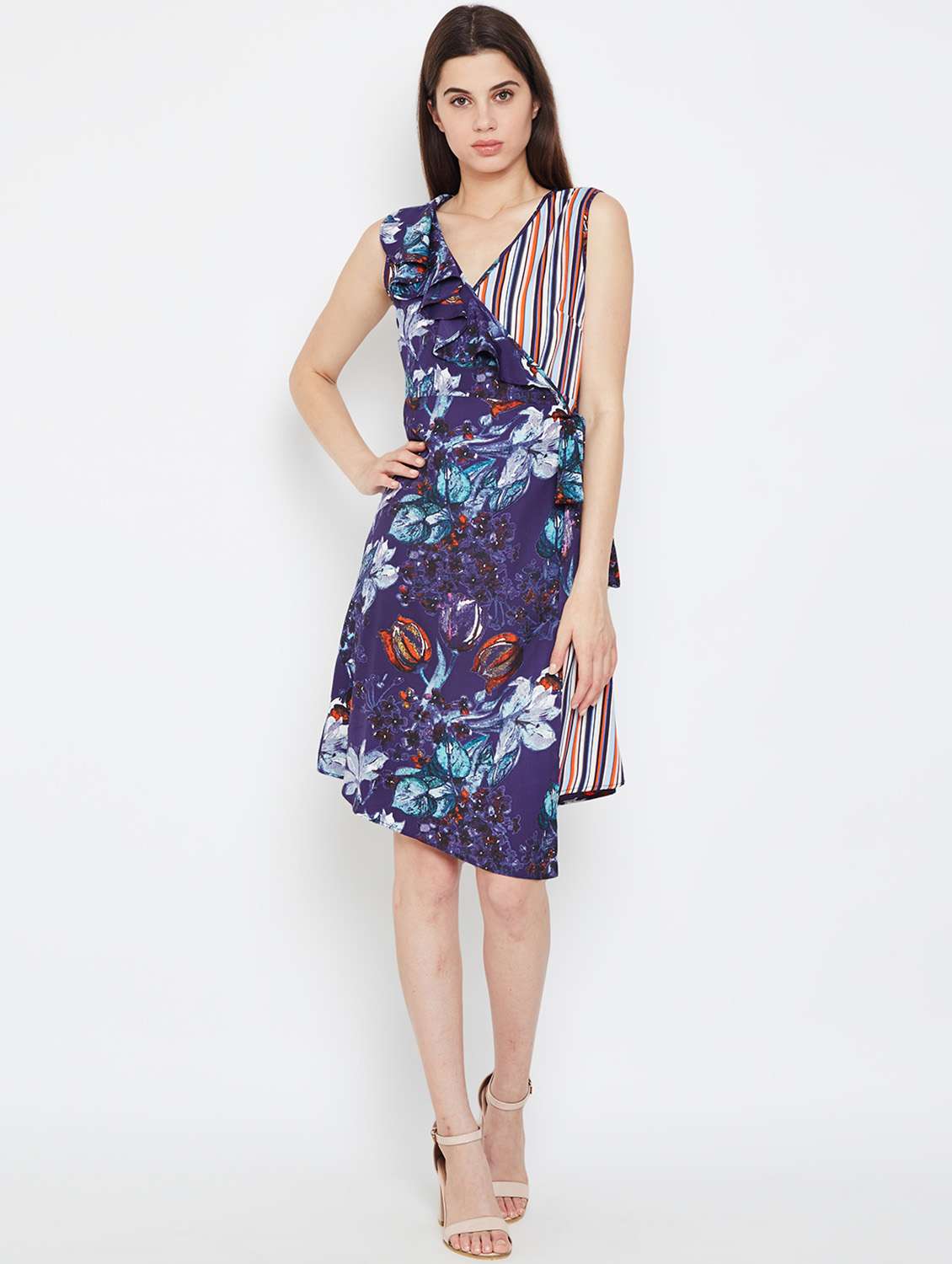 ruffle detail floral stripe wrap dress - 16332818 -  Zoom Image - 0