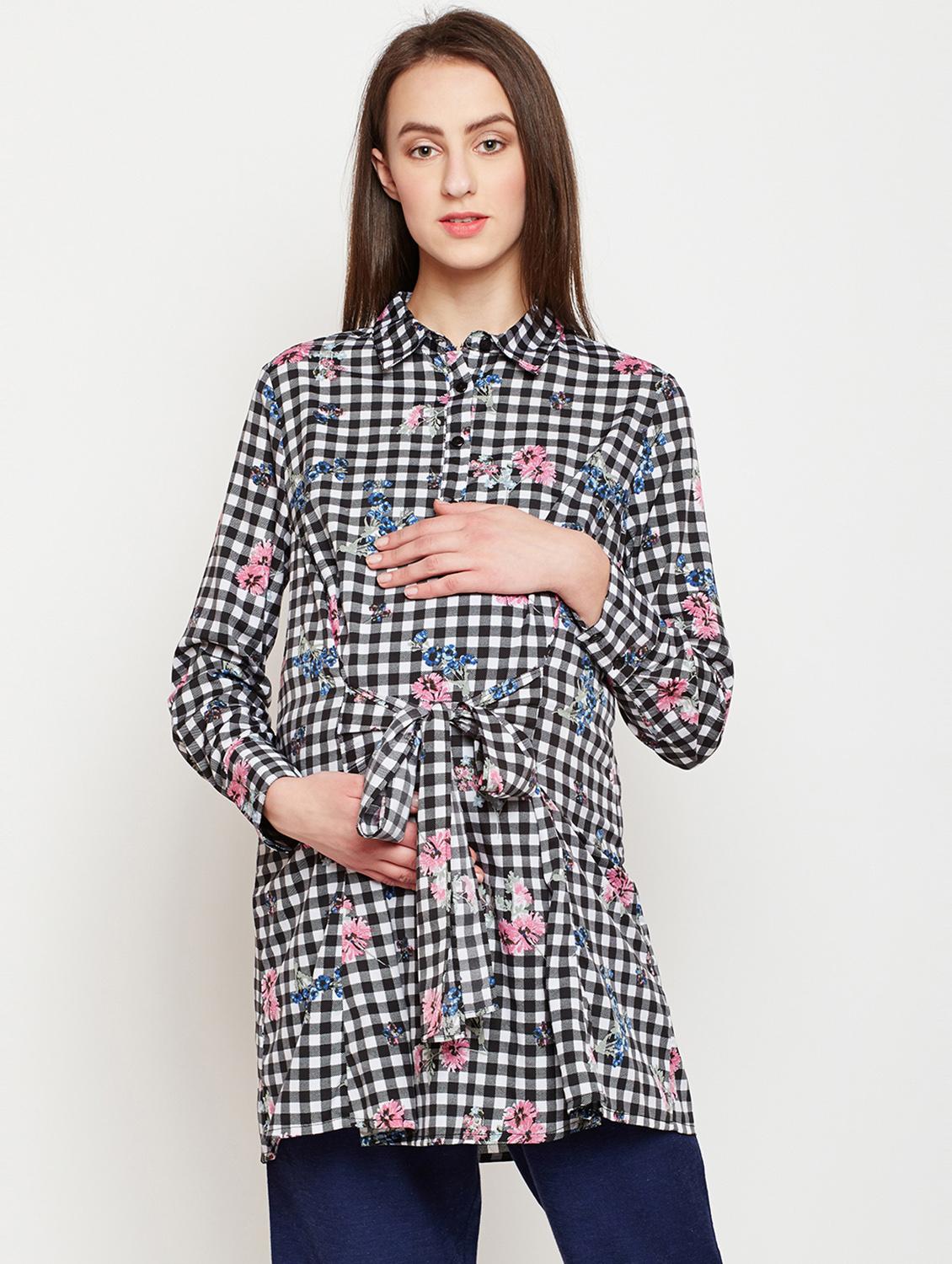 checkered tie front maternity tunic - 16333077 - Zoom Image - 0