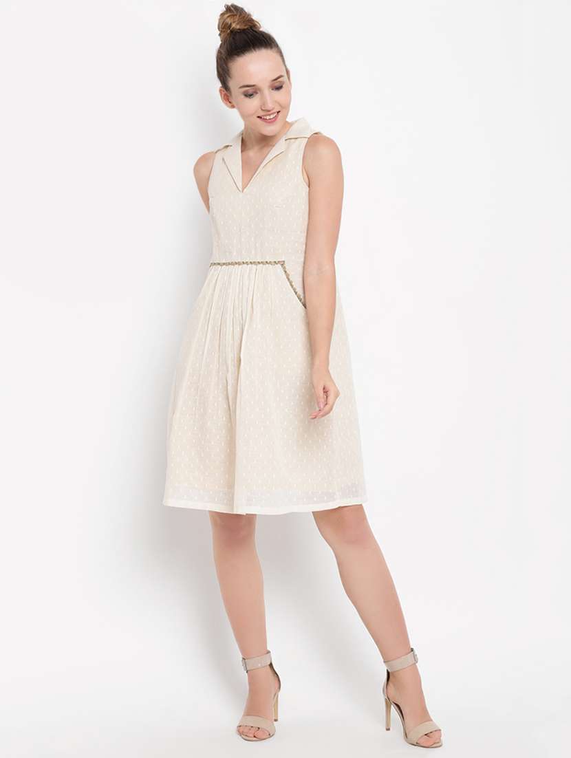 lapel neck lace trim a-line dress