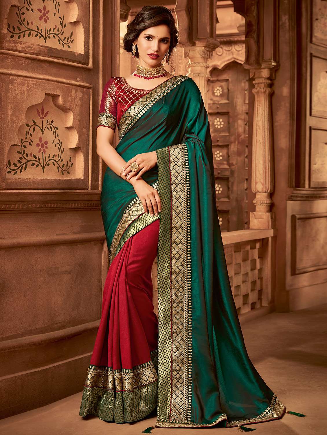 zari border half & half saree with blouse