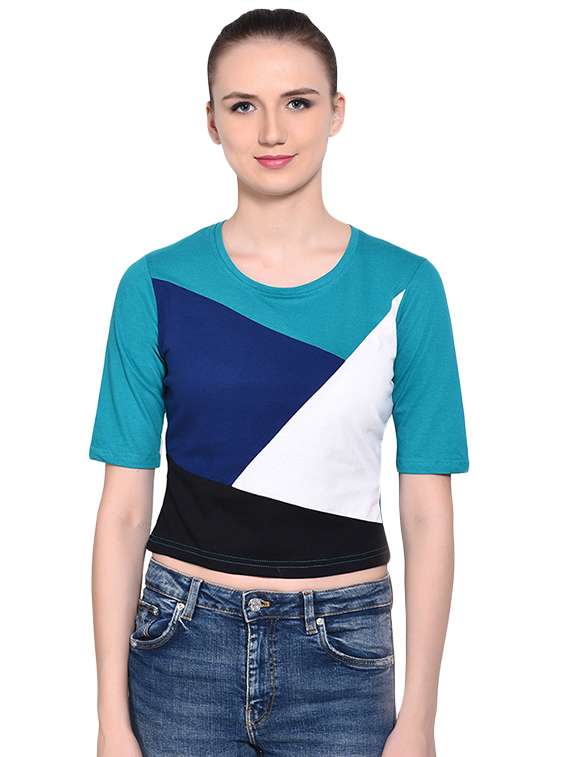 round neck color block crop tee