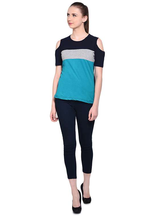 cold shoulder color block tee - 16341865 -  Standard Image - 3