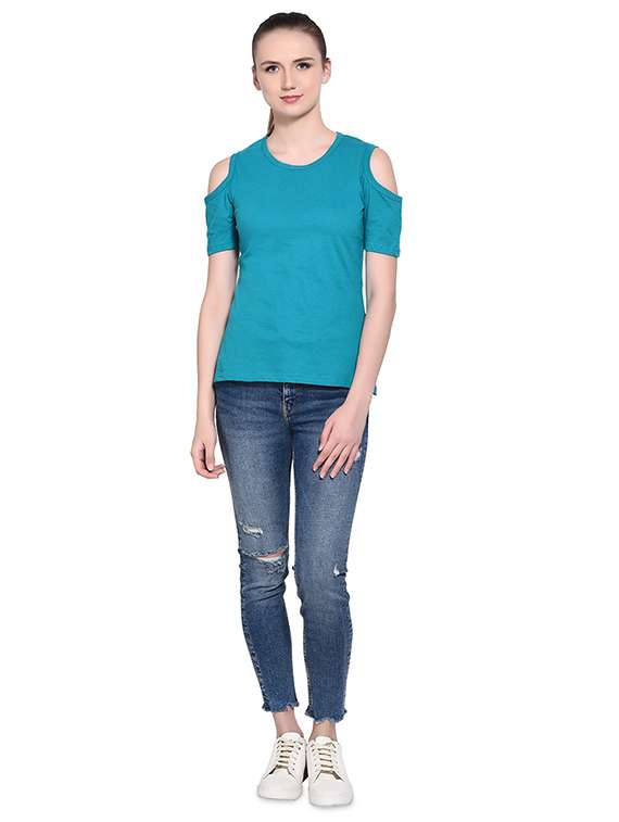 cold shoulder solid tee - 16341867 - Standard Image - 3