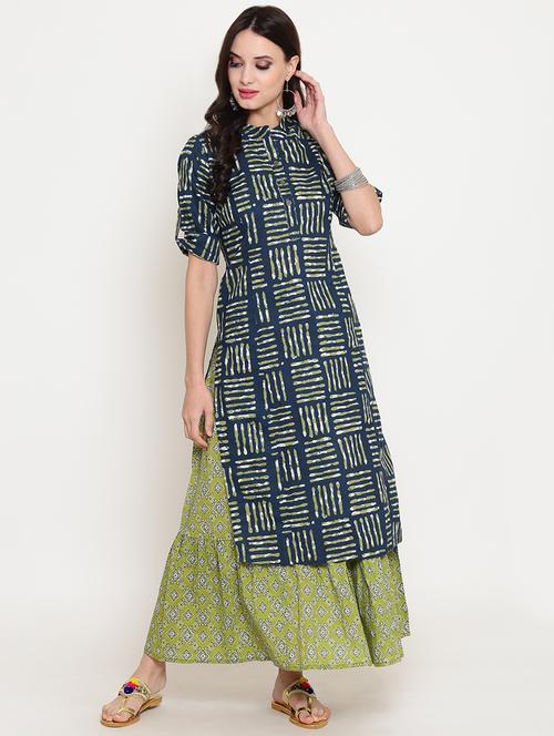 indigo straight kurta skirt set - 16342757 - Standard Image - 0