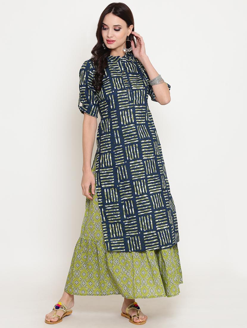indigo straight kurta skirt set - 16342757 - Zoom Image - 0
