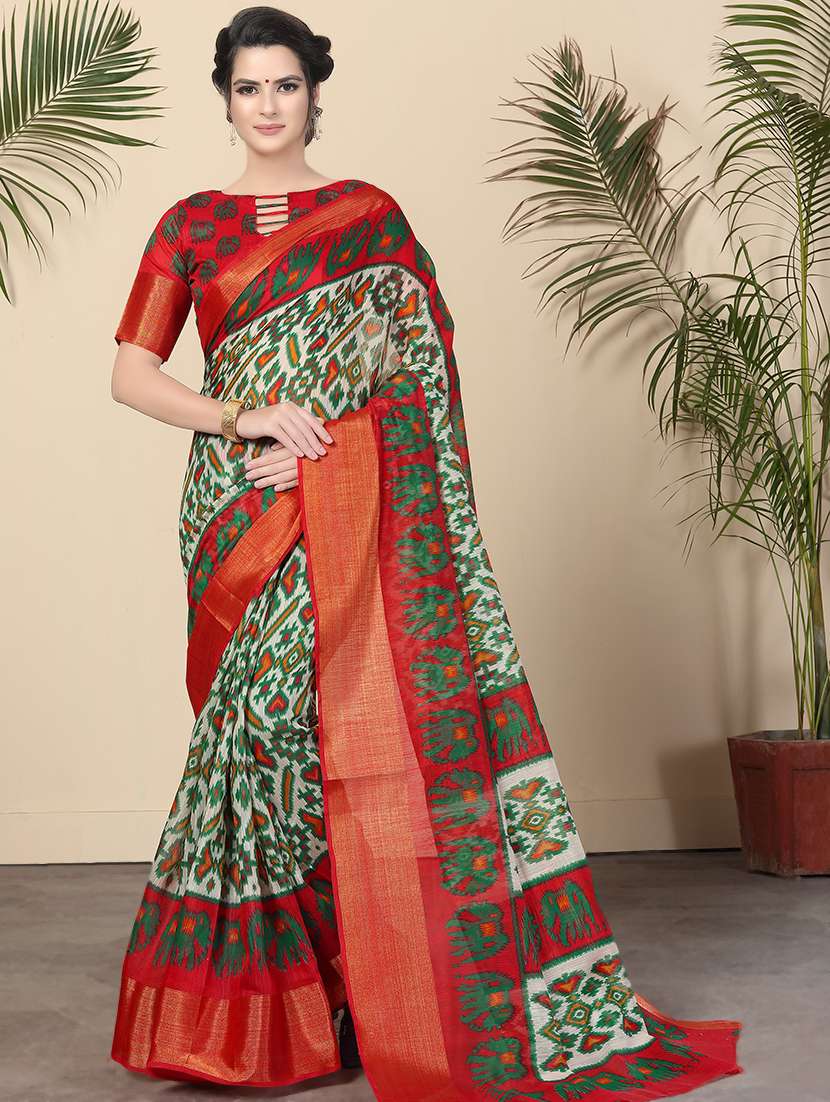 golden zari work ikat printed saree  with blouse