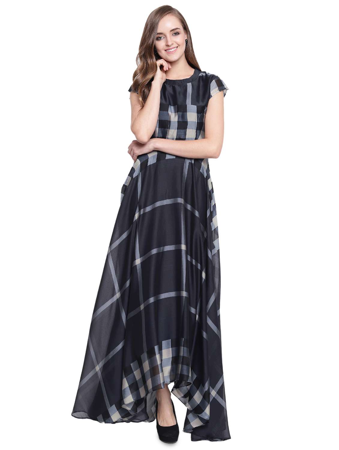 round neck checkered asymmetric dress 