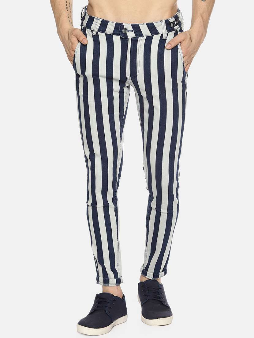 blue striped flat front casual trouser