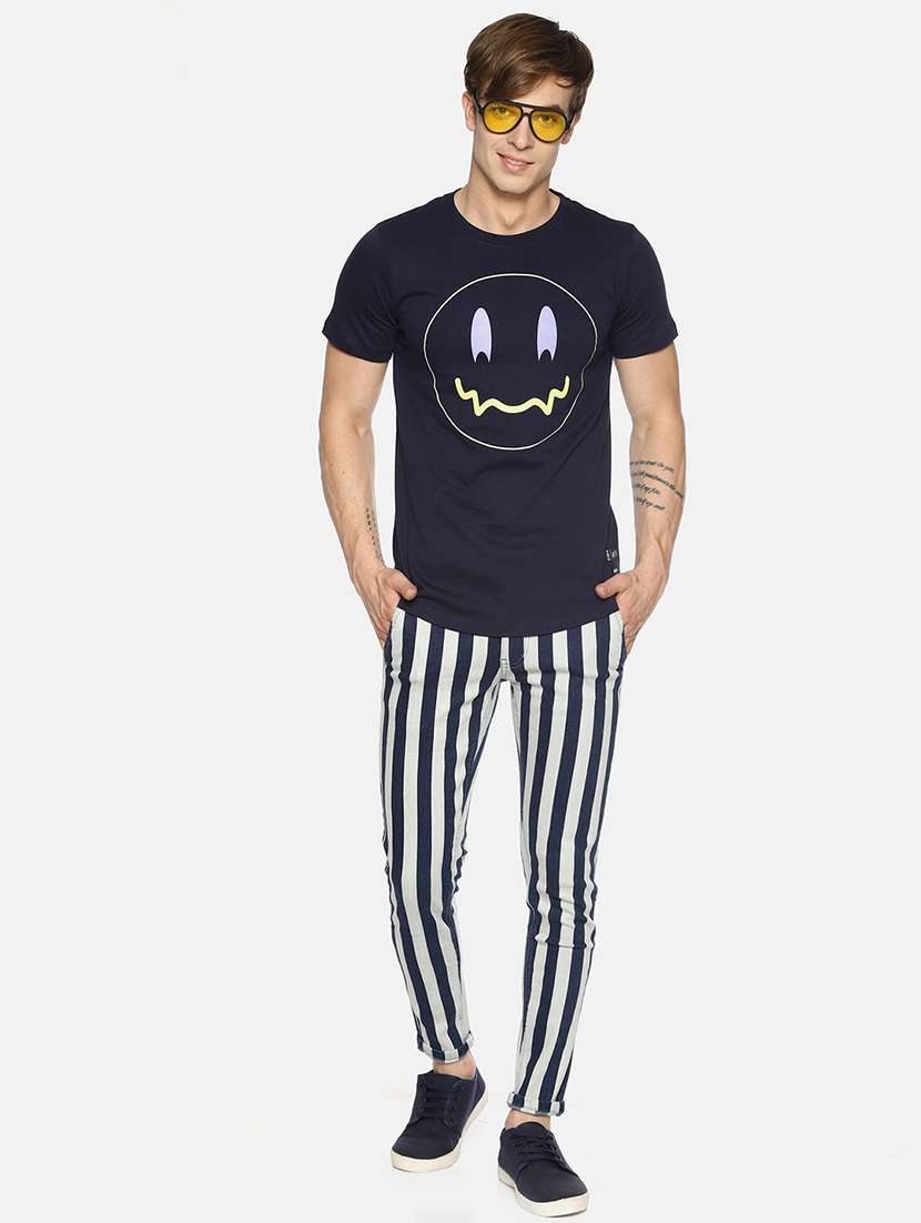blue striped flat front casual trouser - 16345285 -  Standard Image - 3