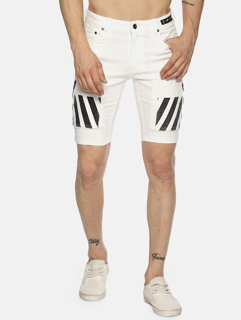 white striped patched shorts
