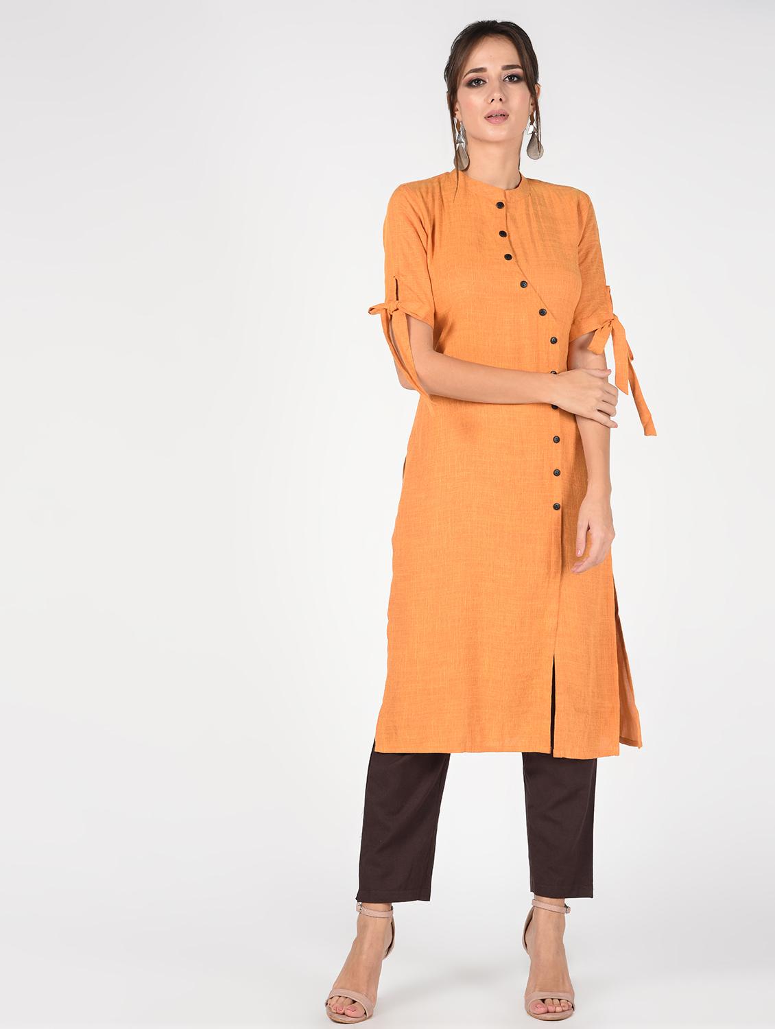 asymmetric placket solid kurta pant set - 16346397 - Zoom Image - 0