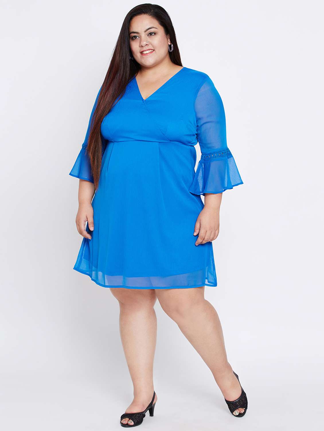 lace trim flute sleeved empire dress - 16348907 - Standard Image - 3