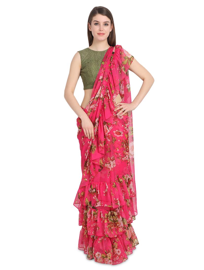 floral printed ruffle saree with blouse - 16358828 - Zoom Image - 0