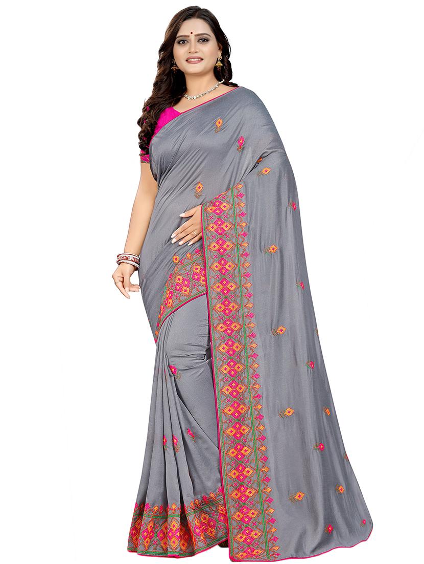 grey georgette embroidered saree with blouse - 16360478 -  Zoom Image - 0